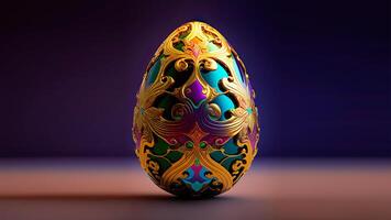 3D Render of Colorful Floral Egg On Brown And Purple Background. Easter Day Concept. photo