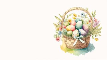 Colorful Printed Eggs Inside Floral Basket And Copy Space. Easter Concept. photo