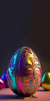 3D Render Of Glowing Colorful Floral Easter Eggs And Copy Space. Happy Easter Day Concept. photo