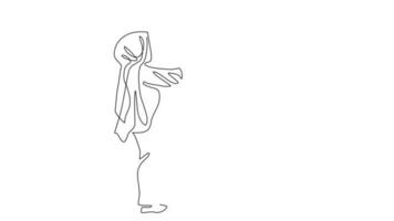 Animated self drawing of single continuous line draw moslem couple holding hands and hug. Romantic couple holding hands. Togetherness of young husband and wife. Full length one line animation video