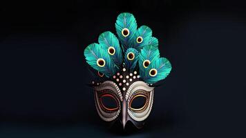 3D Render of Colorful Venetian Mask With Peacock Feathers On Dark Background And Copy Space. photo