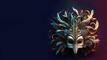 3D Render of Beautiful Feather Masquerade Mask On Blue And Pink Background. Carnival Concept. photo