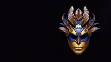 Golden And Blue Venetian Face Mask With Feathers Against Background. 3D Render. photo