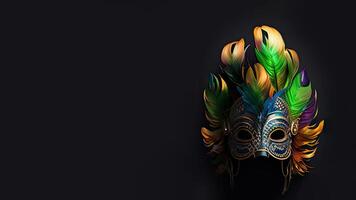 3D Render of Multicolored Fantasy Feather Mask On Black Background And Copy Space. photo