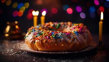 Gourmet chocolate donut with multi colored icing photo