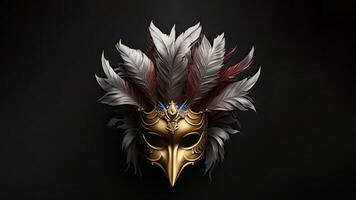 3D Render of Golden Party Mask Decorated With Beautiful Feathers On Black Background. Carnival Concept. photo