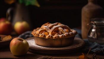 recién horneado manzana tarta en rústico de madera mesa generativo ai foto