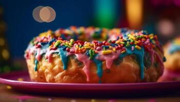 Multi colored donut with chocolate icing and sprinkles generated by AI photo