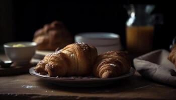 Freshly baked French pastries adorn rustic table generated by AI photo