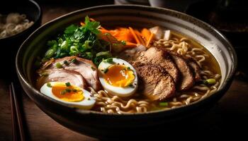 sano asiático gastrónomo comida con ramen tallarines generado por ai foto