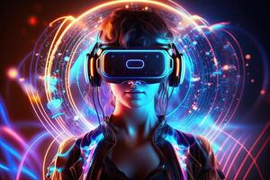 Futuristic woman in virtual reality glasses on the background of a neon city. Cyberpunk, retrowave, synthwave, high definition, art, generative artificial intelligence. photo