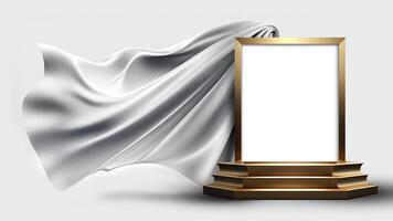 3D Render of Blank Golden Frame Stand or Stage Mockup With Silver Floating Silk Fabric. photo