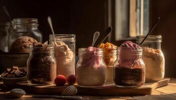 Sweet chocolate dessert in rustic wooden jar photo