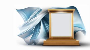 3D Render of Blank Golden Frame Stand or Stage Mockup Against Floating Silk Fabric Background. photo