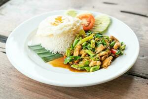 rice and stir fried chicken with basil and fried egg on top photo