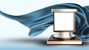 3D Render of Blank Silver Frame Stand or Trophy Mockup Against Blue Floating Silk Fabric Background. photo