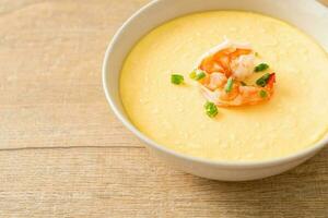 Steamed egg with shrimp and spring onions photo