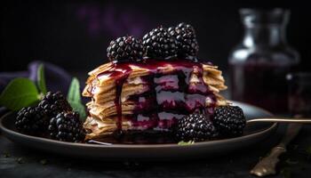 Freshly cooked homemade pancakes with raspberry syrup generated by AI photo