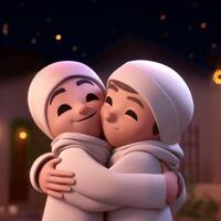 Adorable Muslim Boys Character Hugging and Wishing Each Other with Mosque. Eid Mubarak Concept, . photo