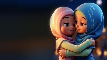 linda musulmán niña personaje abrazando y deseando cada otro en eid Mubarak concepto. generativo ai. foto