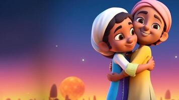 Cute Muslim Kids Character Hugging and Wishing Each Other On Eid Mubarak Concept. photo