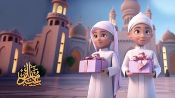 Adorable Disney Style Avatar of Muslim Boys Holding Gift Boxes, Mosque Illustration. Eid Mubarak Concept. . photo