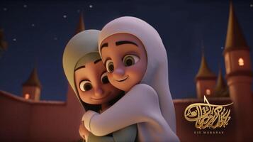 adorable disney estilo avatar de musulmán muchachas abrazando y deseando cada otro en noche para eid Mubarak concepto, generativo ai. foto