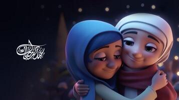 adorable disney estilo personaje de musulmán mujer abrazando y deseando cada otro para eid Mubarak concepto. generativo ai. foto