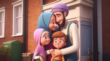 adorable disney estilo avatar de tradicional atuendo británico musulmán familia juntos. eid Mubarak concepto, generativo ai. foto