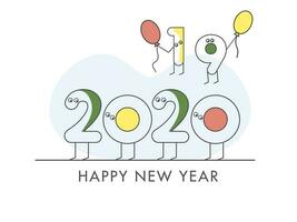 Funny cartoon number text of 2020 with flying 2019 in line art style on white background for Happy New Year celebration. vector