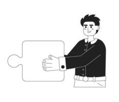 Caucasian office worker holding puzzle piece monochromatic flat vector character. Coop teamwork. Editable thin line half body person on white. Simple bw cartoon spot image for web graphic design