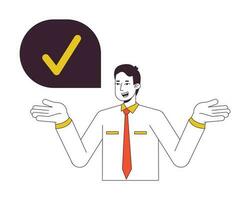 Office man with yes checkmark flat line concept vector spot illustration. Business manager agree 2D cartoon outline character on white for web UI design. Editable isolated colorful hero image