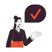 Office woman check mark flat line concept vector spot illustration. Office worker with approved checkmark 2D cartoon outline character on white for web UI design. Editable isolated colorful hero image