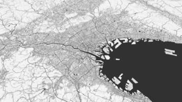 Black and white Osaka map background loop. Spinning around Japan city air footage. Seamless panorama rotating over downtown backdrop. video