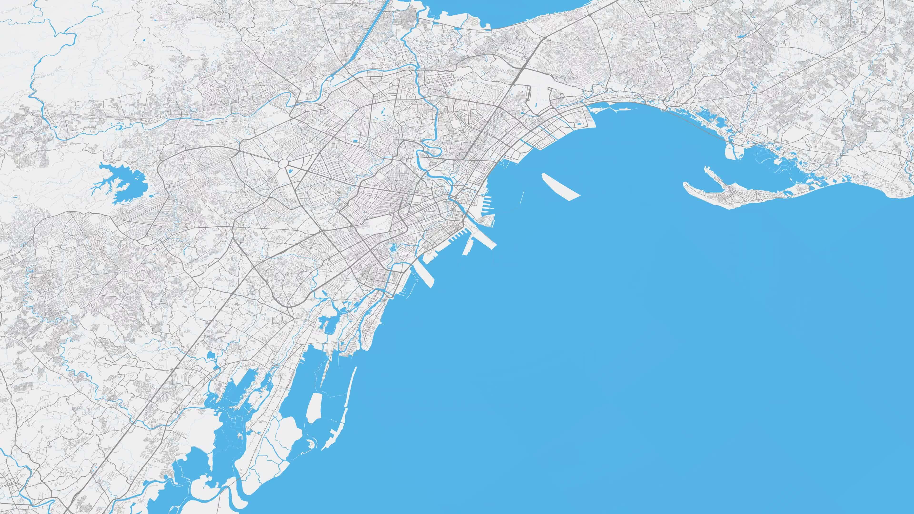 Light grey blue Manila map background loop. Spinning around Philippines city air footage