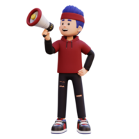 3d male character give announcement use megaphone png