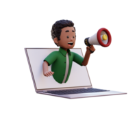 3d mannetje karakter jumping uit van computer scherm en Holding een megafoon png
