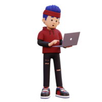 3d male character standing confused working on a laptop png