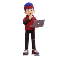 3d male character thinking and working on a laptop png