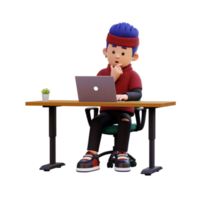 3d male character thinking and working on a laptop png