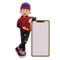 3d male character laying and presenting on a big smart phone with empty screen png