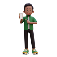 3d masculino personagem segurando e apontando para uma inteligente telefone com esvaziar tela png