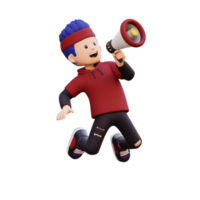 3d male character jumping and holding a megaphone png