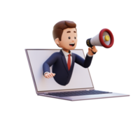 3d male character jumping out from computer screen and holding a megaphone png