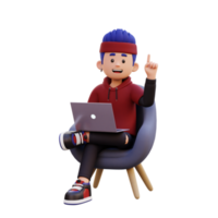 3d male character get an idea while sitting on a sofa and working on a laptop png