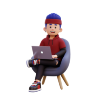 3d male character sitting on a sofa and working on a laptop png