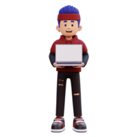 3d male character holding and presenting a laptop with empty screen png