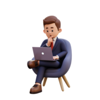 3d maschio personaggio seduta su un' divano e Lavorando su un' il computer portatile con pensiero posa png