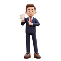 3d male character holding and pointing to a smart phone with empty screen png