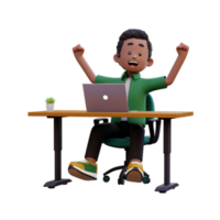 3d masculino personagem feliz trabalhando em uma computador portátil png